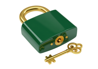 Isolated dark-green padlock and gold key for security, protection, and privacy on the Internet