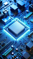 Electronic motherboard with soft blue glow emitting from circuitry