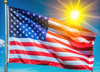 American flag waving in the wind on a sunny day at a outdoor celebration