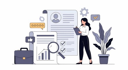 A professional woman analyzing documents with graphs and a large magnifying glass, representing data analysis and business growth in a modern office environment with plants.