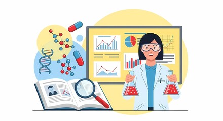 A female scientist in a laboratory holding test tubes with red liquid, surrounded by scientific graphs, a microscope, and chemical structures, all set against a bright, colorful background.