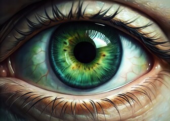 A close-up shot of a detailed eye with a green colored iris and black pupil