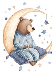 Sleepy bear sitting on the moon in pajamas amidst twinkling stars, dreams, peaceful night.