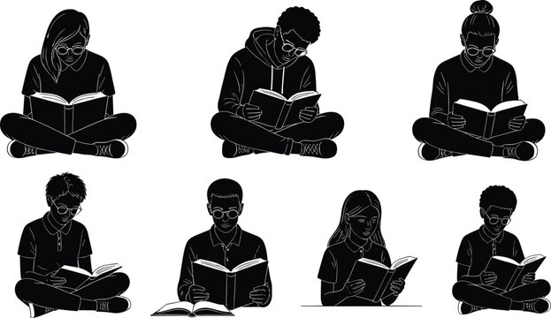Reading Silhouettes Vector Set – Cross-Legged Book Lovers with Glasses in Study Poses for Education, Literacy, Library, and Learning Themes