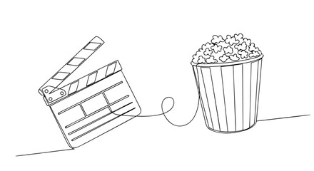 Cinema night essentials featuring a clapperboard and popcorn bucket drawn with one continuous line art style