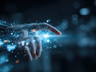 Abstract Human Hand Touching Futuristic Digital Interface with Data Stream and Glowing Particles for Innovation and High-Tech Communication Concept