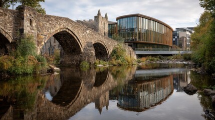 Ancient stone bridge contrasts with modern building. River flows beneath, reflecting structures & sky. Trees frame the scene in autumn