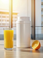 Sunlit White Supplement Container and Orange Juice Glass Mockup CHome Office