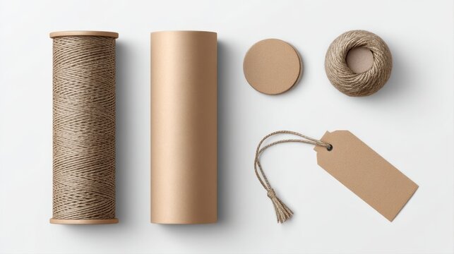Kraft Paper Twine Spool Tube and Tag Arrangement on White Background string rope