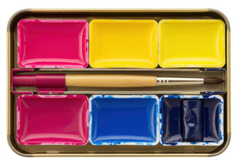 Isolated paint box with watercolor paints and brush. Artistic colorful bright palette