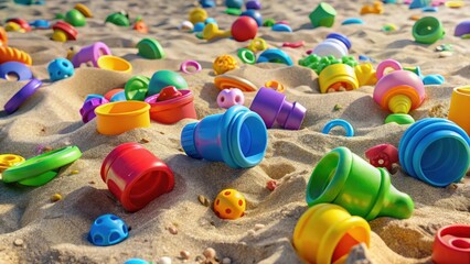 Colorful plastic beach toys scattered on a sandy shore