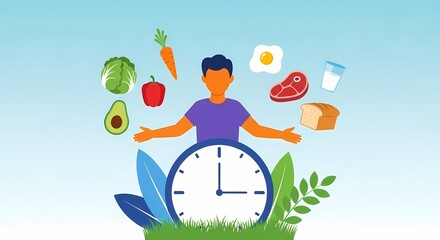 A vibrant illustration of a person managing healthy food choices like fruits, vegetables, and proteins around a clock, symbolizing balanced nutrition and time management in a colorful environment.