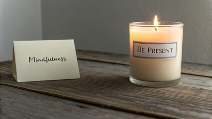 Lit candle on wood with Be Present message and calming glow