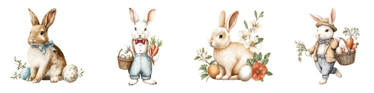 Vintage Easter Bunny Illustration Set - Watercolor Rabbits and Carrots