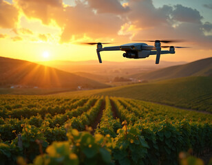 Modern drone flies above green vineyard rows during golden sunset. Sun illuminates rolling hills, grapevines. Smart farming tech monitors crops for precision agriculture, efficient management. Future