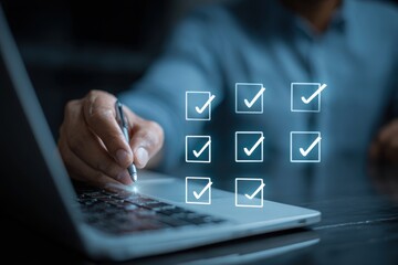 Interactive Digital Checklist - Project Management on Laptop, Online Survey, Task Completion, Virtual Form, Data Entry, Business Automation, Modern Workflow, Mark as Complete, Verification Process