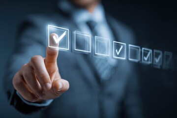 Digital Compliance A Man's Finger Selecting Options on a Virtual Checklist Modern Business Decision-Making with Touchscreen Accuracy Ensuring Precise Choices for Online Forms and Agreements