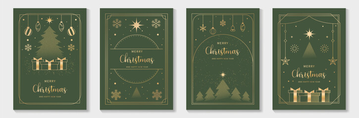 Naklejka na ściany i meble Elegant Merry Christmas and Happy New Year greeting card vector set with gold line art decorations, green background, holiday frames for celebration  Naklejka na ściany i meble Elegant Merry Christmas and Happy New Year greeting card vector set with gold line art decorations, green background, holiday frames for celebration
