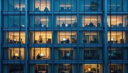 Modern office building facade at night. Illuminated windows show people working late inside cubicles. Business center exterior sleek glass architecture. Employees work diligently, computers glow.
