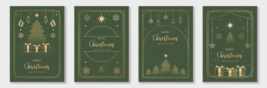Elegant Merry Christmas and Happy New Year greeting card vector set with gold line art decorations, green background, holiday frames for celebration	
 - Powered by Adobe