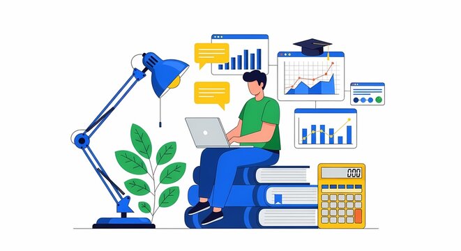 Student with laptop learning finance, studying online, modern education concept, graphic charts