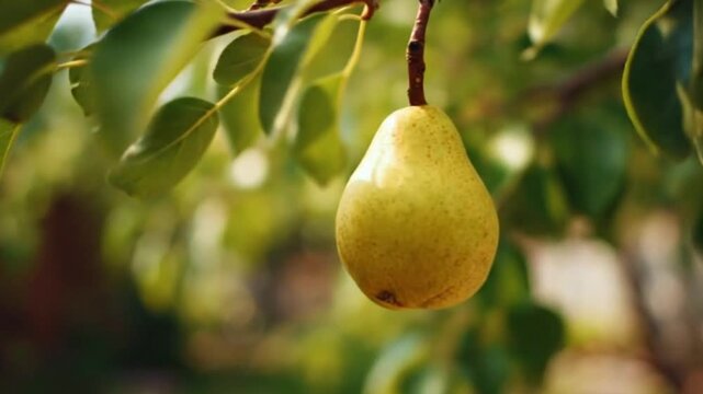 A luscious, ripe pear hangs gracefully from a sturdy branch, bathed in soft, natural sunlight. The vibrant green leaves of the tree provide a refreshing, out-of-focus backdrop, with a beautifully blur
