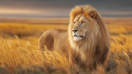 A majestic male lion with a magnificent golden mane stands proudly in a field of tall grass during a serene sunset on the savanna