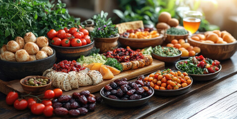 Fototapeta premium Traditional Iftar Meal with Middle Eastern Delicacies and Warm Ambience