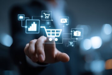 Online Shopping with Digital Tablet Illustration, E-commerce Business Concept with Shopping Cart and Online Store Icons