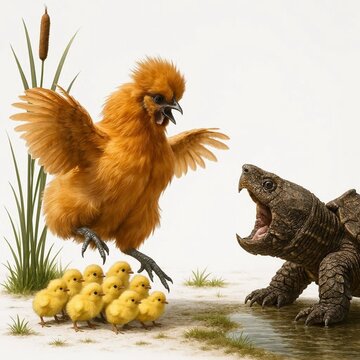 Scene from the life of a hen with chicks