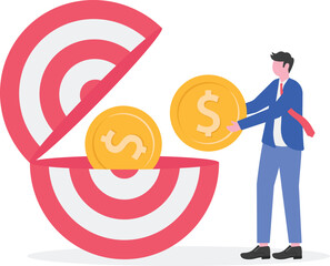 Businessman holding a gear next to a target with a dollar icon illustration of business financial system maintenance and improvement
