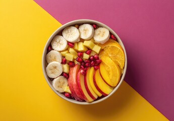 A vibrant fruit bowl with sliced bananas, mango, oranges, apples, and pomegranate seeds