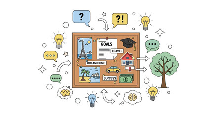 A Colorful Conceptual Vision Board Planning Dreams, Goals, and Life Aspirations in Progress