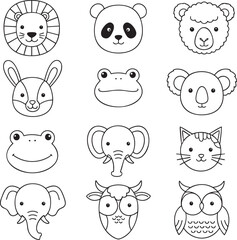 A collection of cute handdrawn animal faces in a simple black and white outline style.