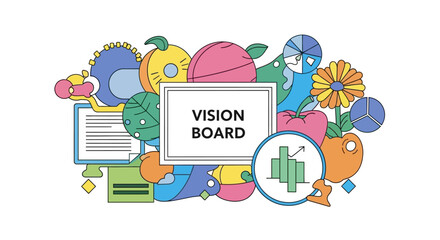 Naklejka premium Creative Vision Board Illustration with Inspiring Elements and Goal Setting Graphics