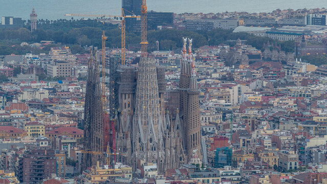 Panorama of Barcelona night to day timelapse, Spain, viewed from the Bunkers of Carmel