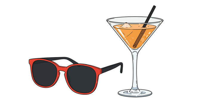 Stylish summer essentials: trendy sunglasses and refreshing cocktail with ice