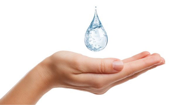 Water Drop in Hand on White Background