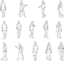 A collection of handdrawn minimalist line art sketches of diverse people walking and standing in various casual outfits.