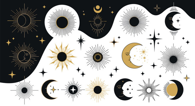 Celestial Sun and Moon Mystical Elements Collection.