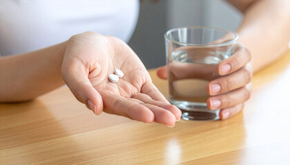 Hand Holding Pills and Glass of Water for Daily Health Care