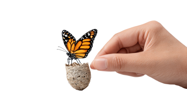 Emergence: Monarch Butterfly Emerging from Chrysalis in Hand on White