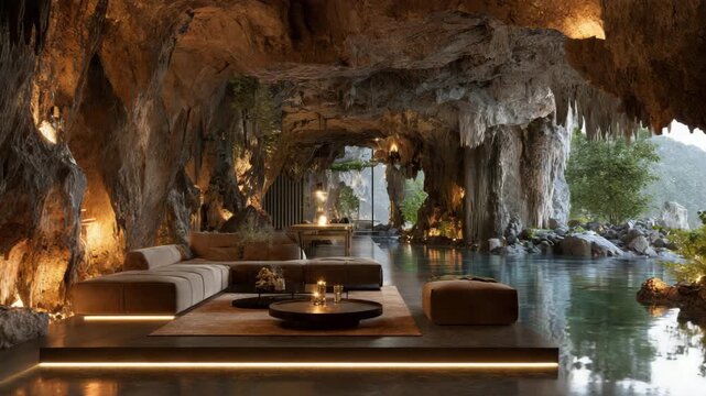 Luxury Cave Living Room Pool Furniture: Cozy cavern lounge with neutral sofas, low coffee table, pendant lights, shallow pool reflection, potted plants, and warm LED glow amid textured stone walls for