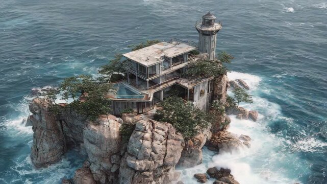  Island Lighthouse Modern House: Weathered contemporary residence perched on rugged coastal rock formation with integrated lighthouse tower, overgrown vines, crashing turquoise waves, and dis