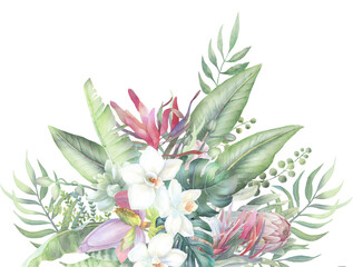 tropical paradise watercolor design, PNG frame, hand-painted border, exotic flower, paradise island wedding invitation