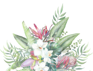 tropical paradise watercolor design, PNG frame, hand-painted border, exotic flower, paradise island wedding invitation