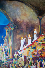 Original historical painting perform holy rites Classical antiquity. Faithful religious at the altar with sacrifices. Merchants jewelry sellers in temple. Selling and buying.