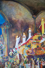 Genre painting perform holy rites ancient Mediterranean. Faithful religious at the altar with sacrifices. Merchants in temple.