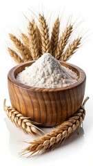 Fresh flour and wheat ears in a rustic wooden bowl on an isolated white background