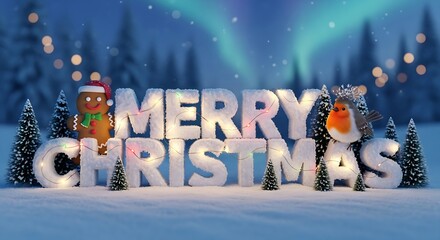 Festive Merry Christmas display with glowing letters, a gingerbread man, and a robin, set against a backdrop of aurora borealis and snow-covered trees, evoking a magical winter holiday scene